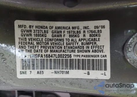 2007 Honda Civic Ex z USA, uszkodzony, nr VIN 1HGFA16847L002256